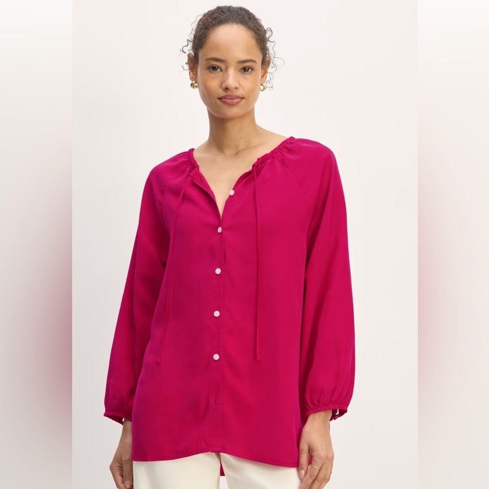Nwt Everlane Women's Red Fuchsia Tie Collar Silk Feel Blouse Size Medium